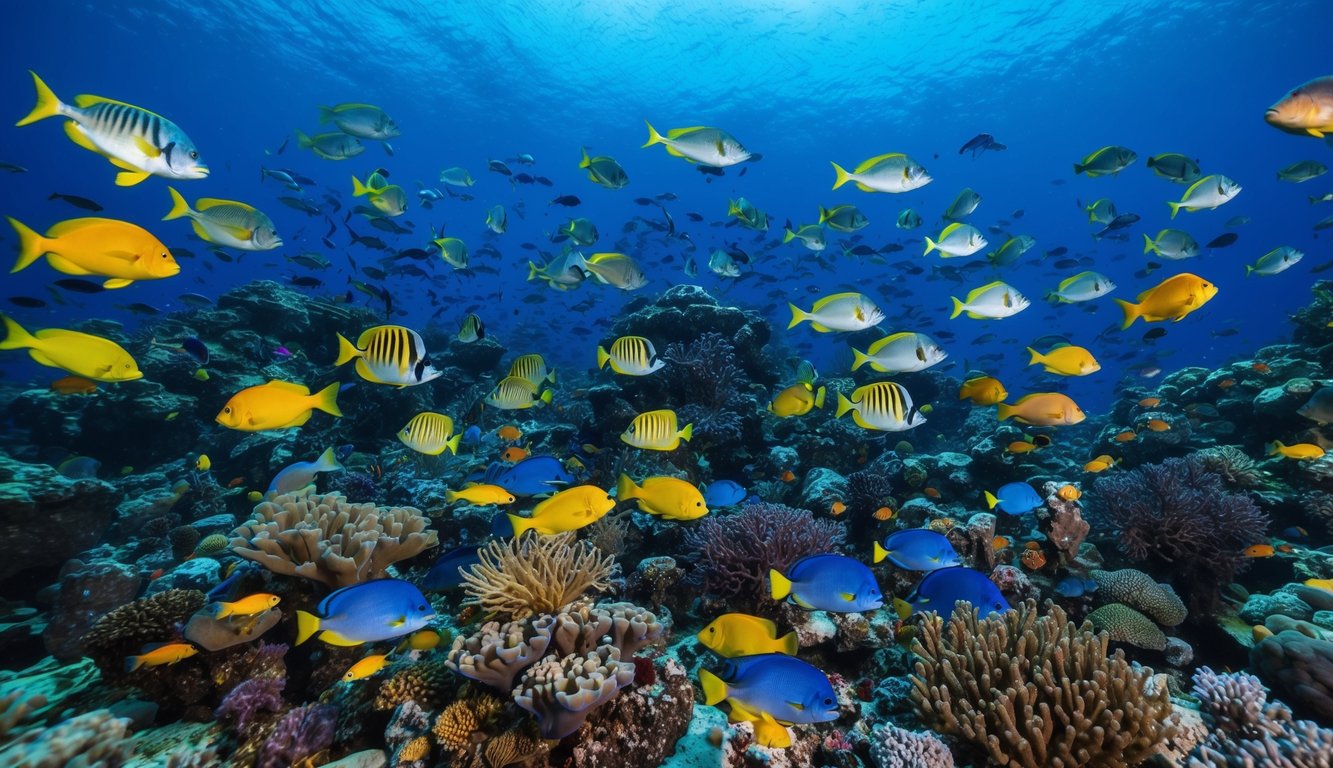 Sebuah dunia bawah laut yang ramai dipenuhi dengan makhluk laut yang berwarna-warni dan eksotis, dengan berbagai ikan yang berenang ke segala arah.