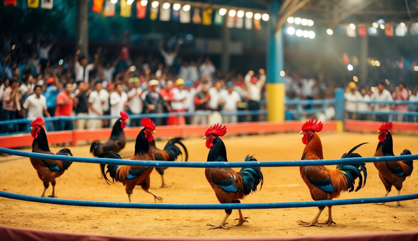 Sebuah arena sabung ayam yang ramai di lingkungan tropis dengan penonton yang bersorak dan ayam jantan berwarna-warni di ring