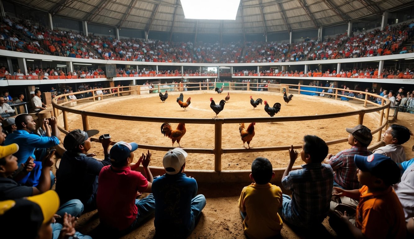 Sebuah arena sabung ayam yang ramai dengan penonton yang bersorak dan ayam jantan di tengah ring