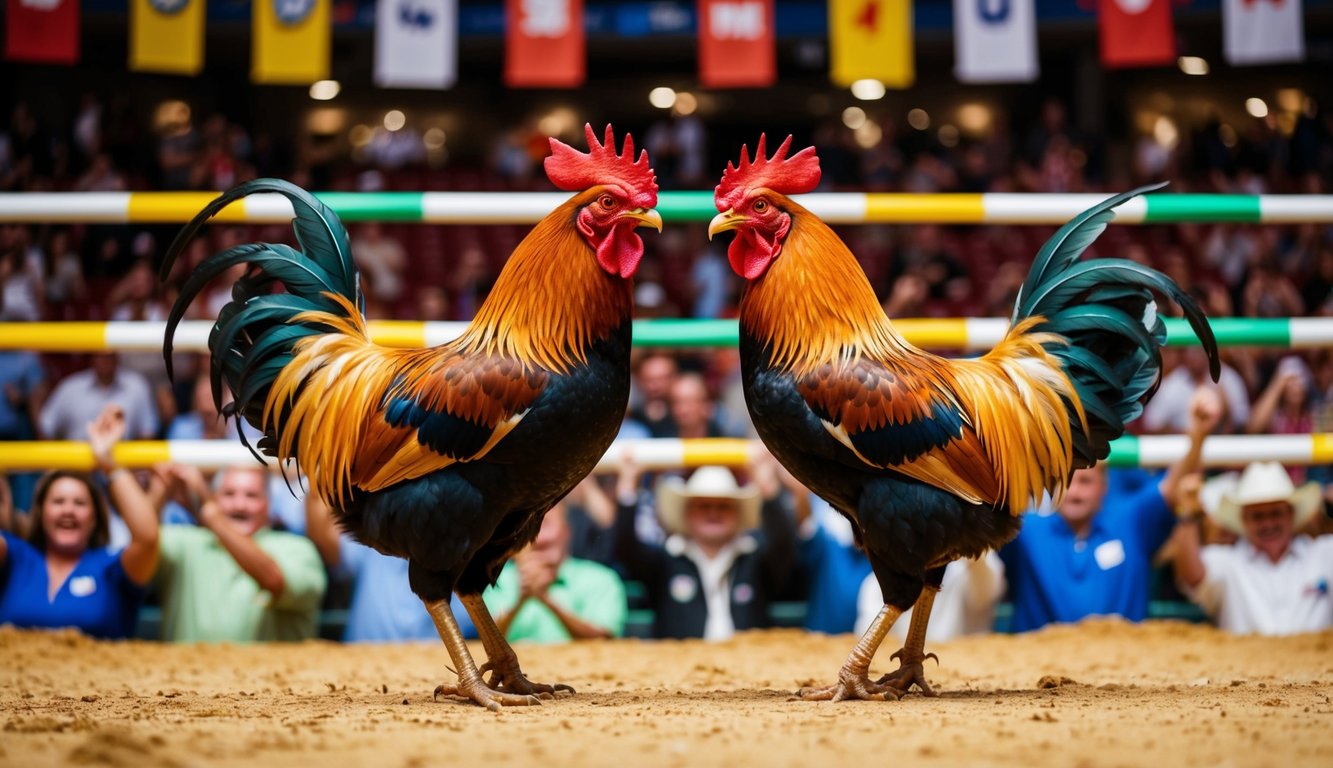 Dua ayam jantan berhadapan di arena yang ramai, dikelilingi oleh penonton yang bersorak dan spanduk berwarna-warni