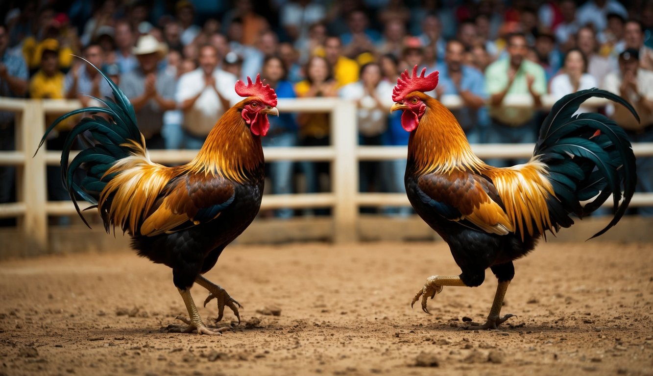 Sebuah arena yang ramai dengan dua ayam jantan yang berhadapan dalam pertarungan ayam yang sengit dikelilingi oleh penonton yang bersorak