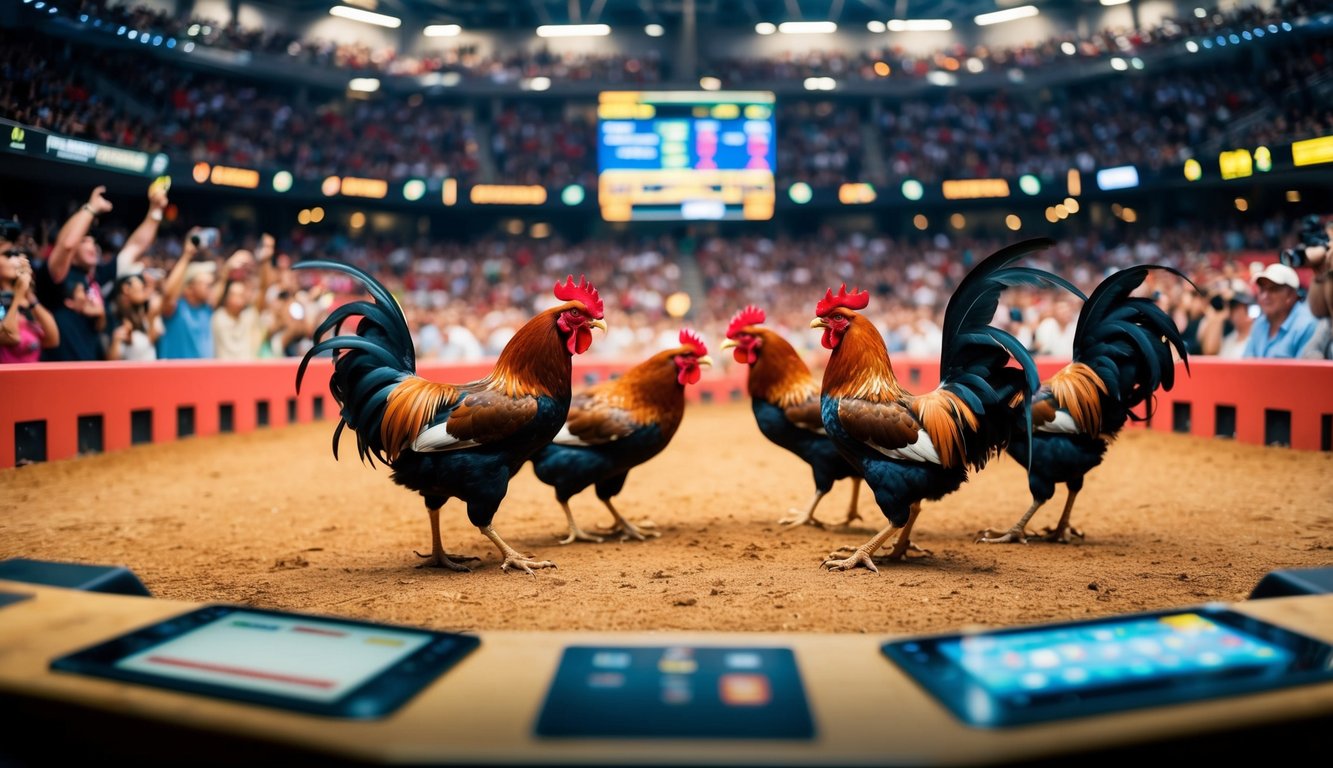 Arena sabung ayam online yang ramai dengan ayam jantan berhadapan di tengah, dikelilingi oleh penonton yang bersorak dan antarmuka digital untuk memasang taruhan