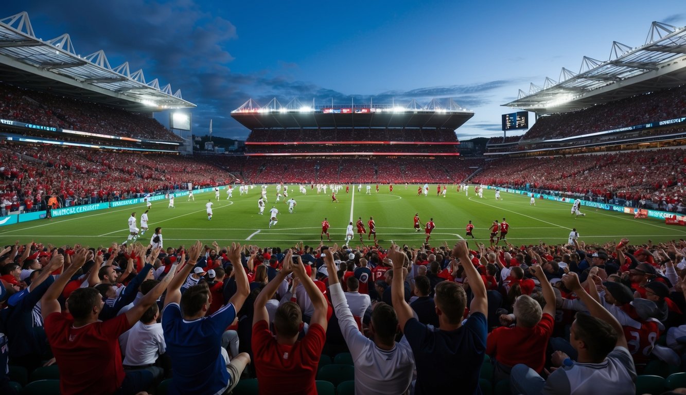 Sebuah stadion olahraga yang ramai dengan penggemar yang bersorak dan pemain yang beraksi di lapangan