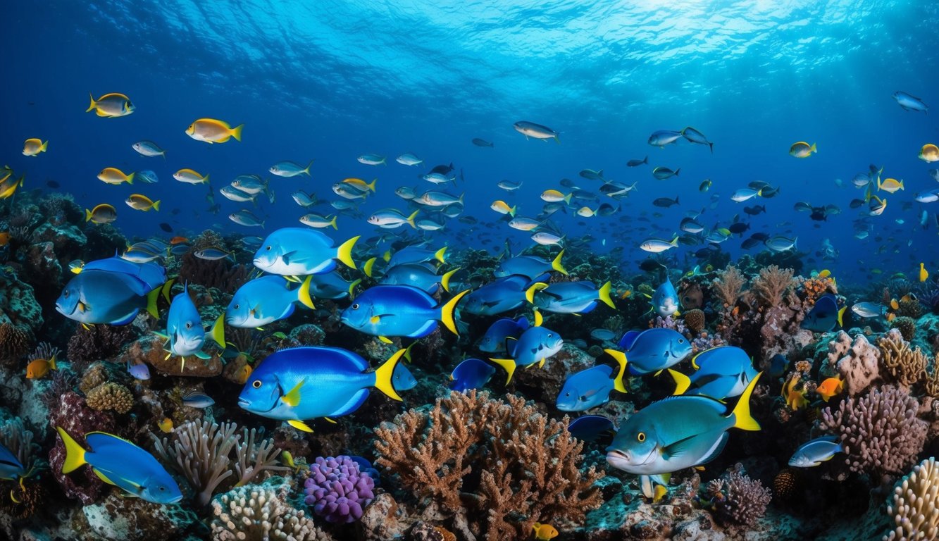 Sebuah dunia bawah laut yang ramai dengan ikan-ikan berwarna-warni dan makhluk akuatik, dikelilingi oleh terumbu karang yang cerah