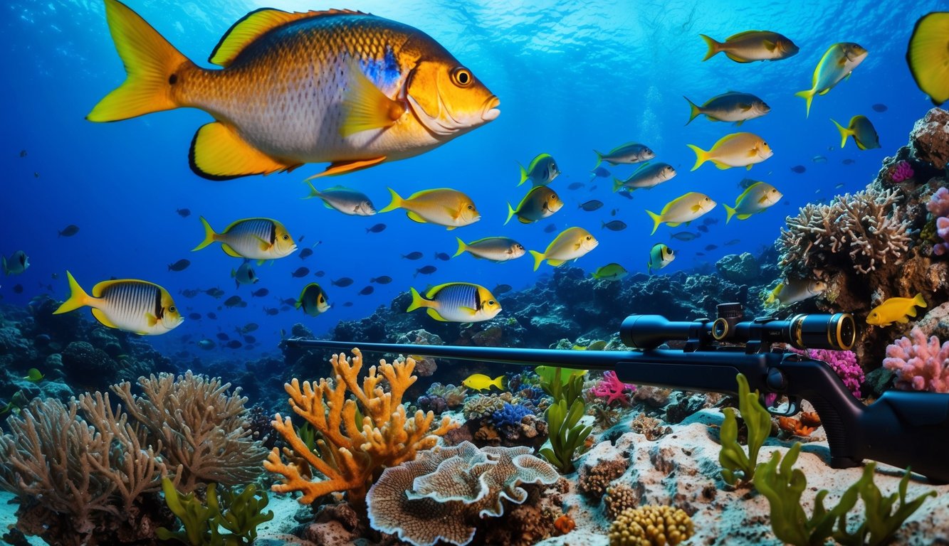 Sebuah dunia bawah air yang berwarna-warni dengan ikan-ikan berwarna cerah yang berenang di antara terumbu karang dan rumput laut, dengan senapan pancing di latar depan