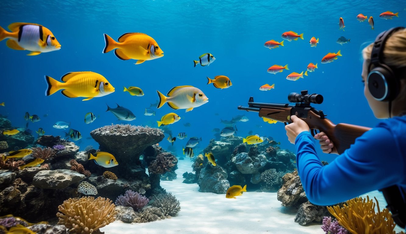 Sebuah dunia bawah laut yang berwarna-warni dengan berbagai jenis ikan yang berenang di sekelilingnya dan seorang pemain yang mengarahkan dan menembak mereka dengan senjata.