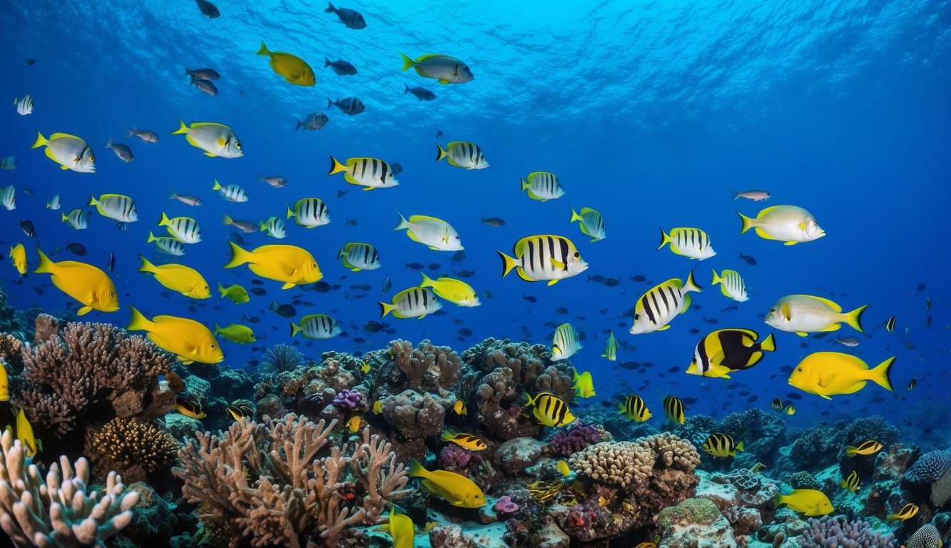 Sebuah pemandangan bawah laut yang berwarna-warni dengan berbagai jenis ikan yang berenang di sekitar terumbu karang, dengan latar belakang lautan biru yang jernih