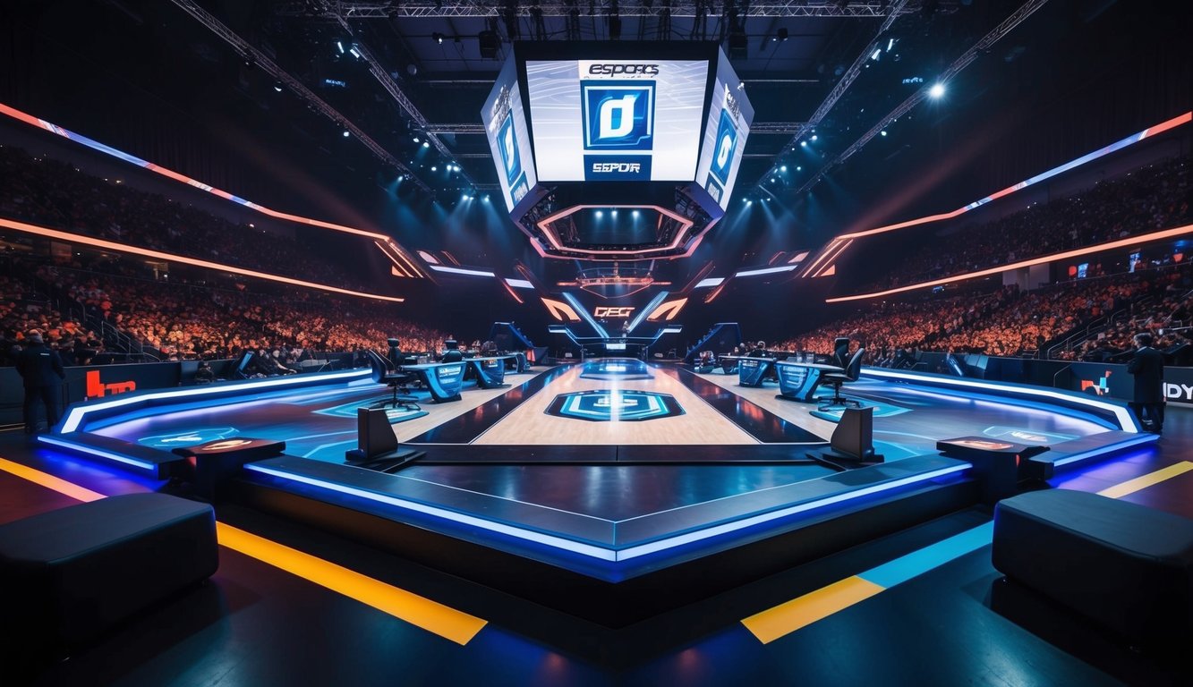 Arena esports yang dinamis dengan teknologi futuristik dan kompetisi yang intens