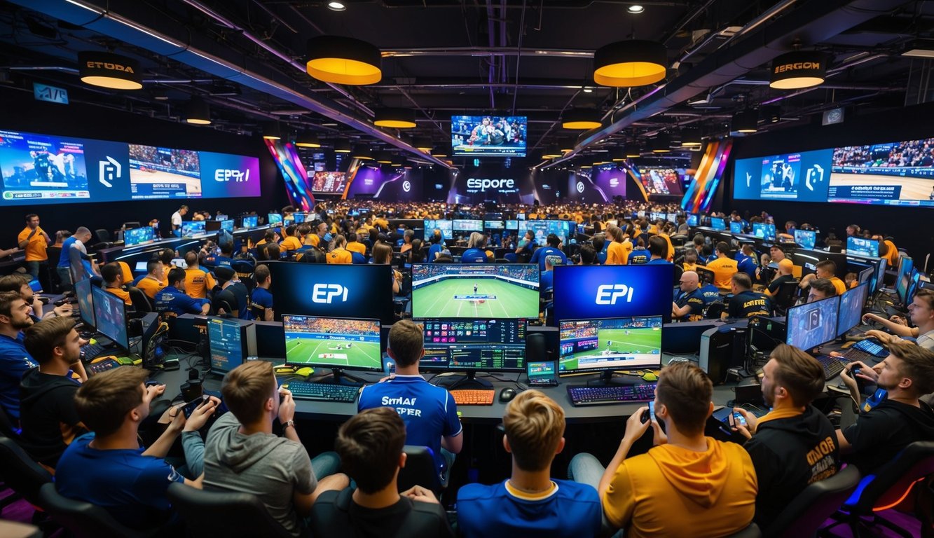 Situs taruhan Esports yang ramai dengan beberapa layar yang menampilkan pertandingan permainan langsung, dikelilingi oleh penggemar yang antusias dan spanduk berwarna-warni