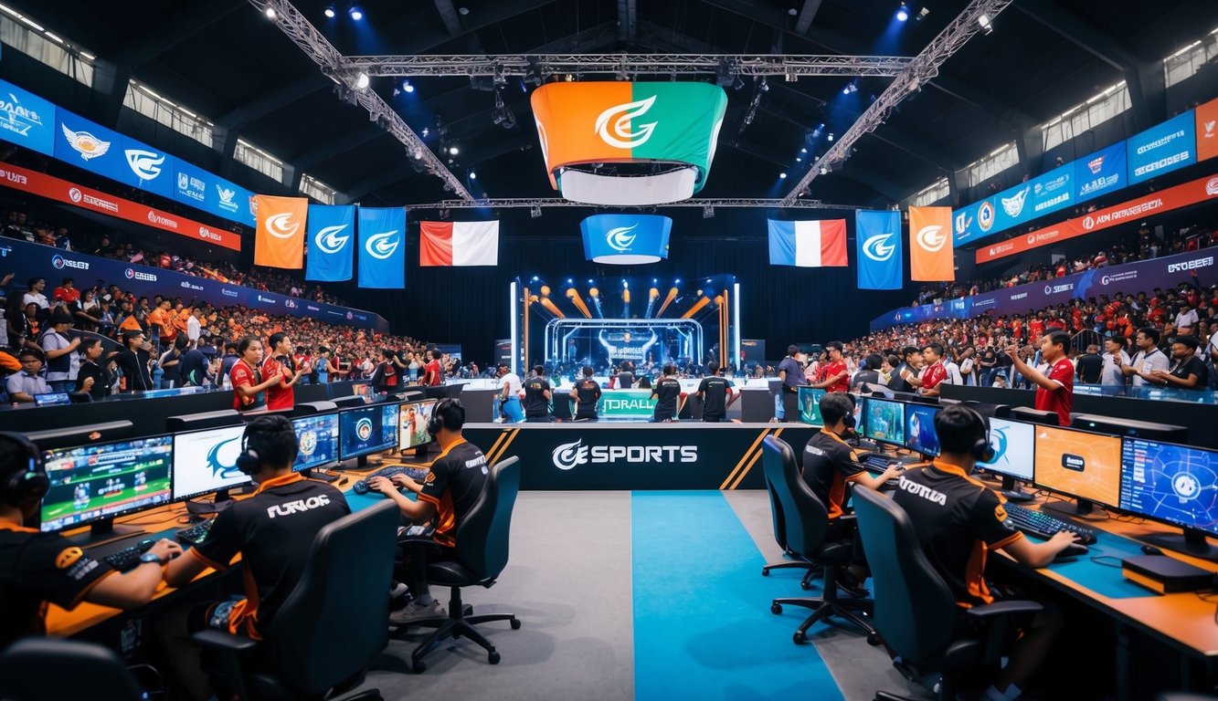 Sebuah arena esports yang ramai di Indonesia dengan tim yang bersaing dalam berbagai permainan, dikelilingi oleh penggemar yang bersorak dan spanduk berwarna-warni