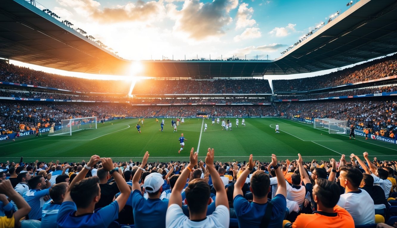 Sebuah stadion yang ramai dengan penggemar yang bersorak dan lapangan sepak bola dengan pemain yang sedang beraksi