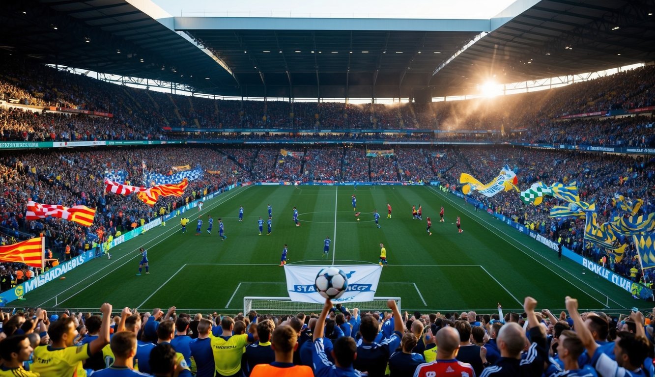 Sebuah stadion yang ramai dipenuhi dengan penggemar yang bersorak dan spanduk berwarna-warni, saat dua tim sepak bola berhadapan di lapangan