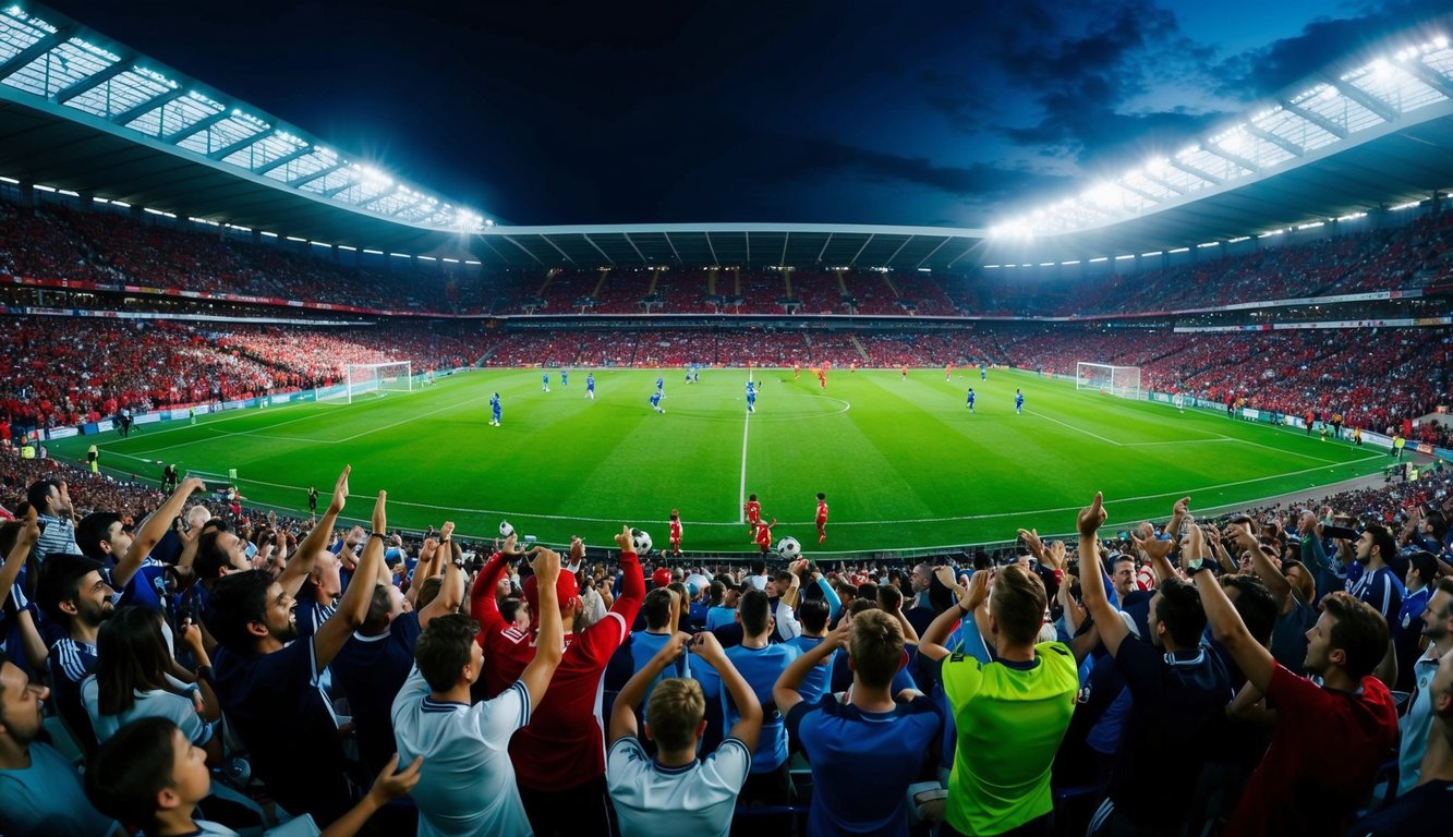 Sebuah stadion sepak bola yang ramai dengan para penggemar yang bersorak dan pemain di lapangan