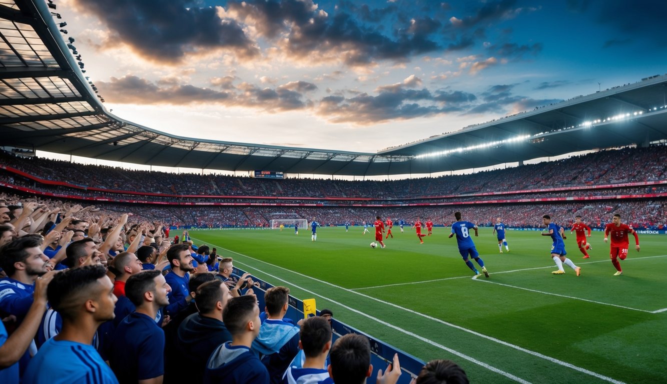 Sebuah stadion olahraga yang ramai dengan penggemar yang bersorak dan lapangan sepak bola dengan pemain yang sedang beraksi