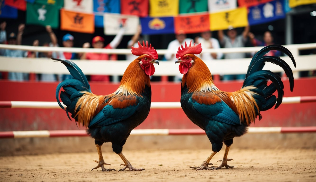 Dua ayam jantan berhadapan di arena sabung ayam tradisional, dikelilingi oleh penonton yang bersorak dan spanduk berwarna-warni