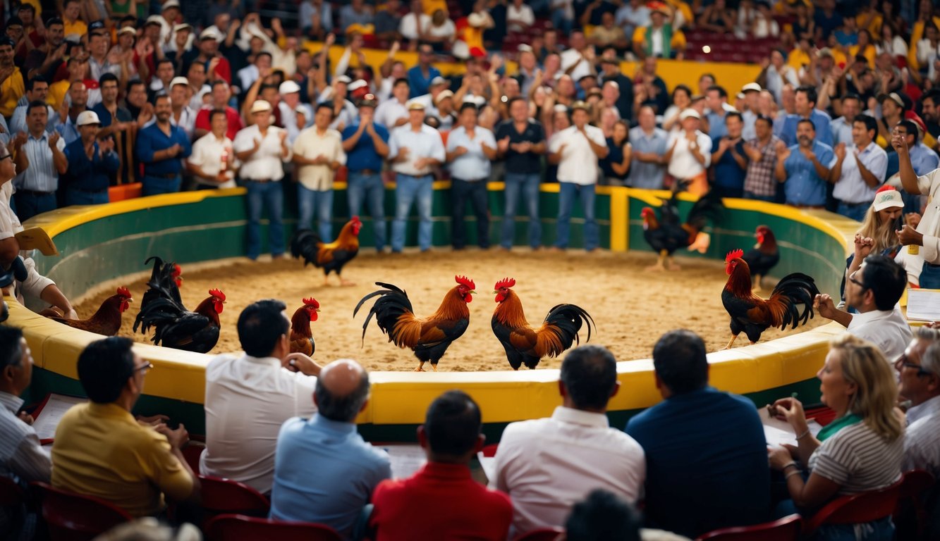 Sebuah arena yang ramai dengan ayam jantan bertarung di tengah, dikelilingi oleh penonton yang antusias bersorak dan memasang taruhan.