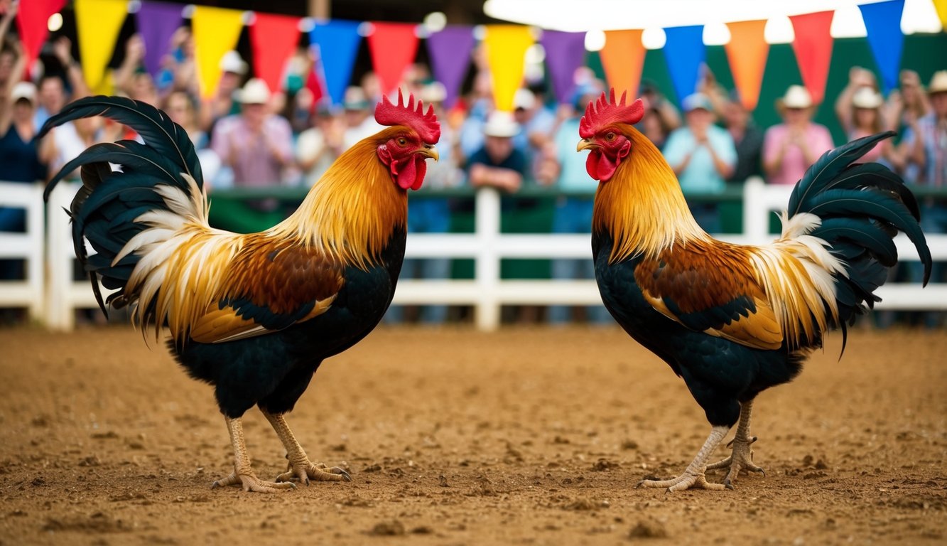 Dua ayam jantan berhadapan di arena tanah, dikelilingi oleh penonton yang bersorak dan spanduk berwarna-warni