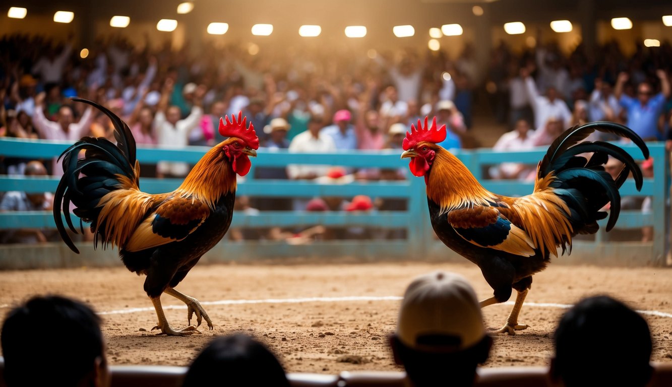 Sebuah arena yang ramai dengan dua ayam jantan yang saling berhadapan dalam pertarungan ayam yang tegang dan dramatis, dikelilingi oleh penonton yang bersorak.