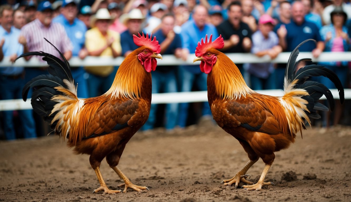 Dua ayam jantan berhadapan di dalam lubang tanah, dikelilingi oleh kerumunan penonton yang bersorak. Burung-burung itu agresif, bulu-bulu mereka mengembang, siap untuk bertarung.