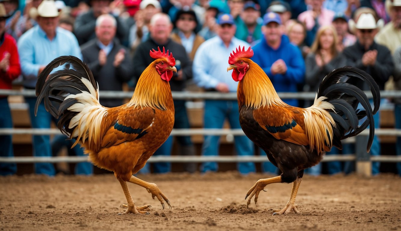 Dua ayam jantan berhadapan di arena tanah, dikelilingi oleh kerumunan penonton yang bersorak