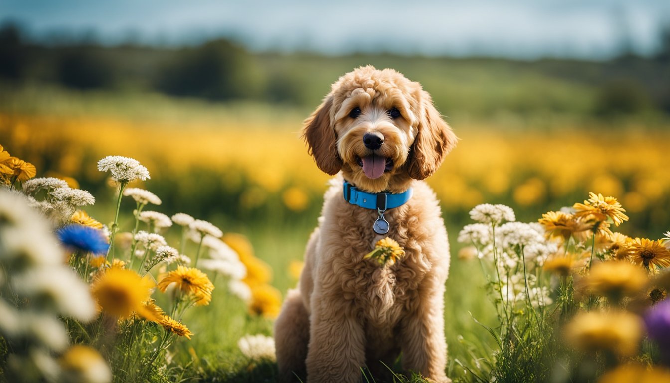 A Mini Goldendoodle with various coat types stands in a grassy field, surrounded by colorful flowers and a bright blue sky