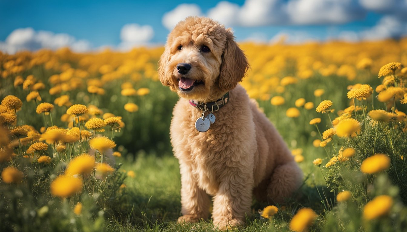 A Mini Goldendoodle with curly, wavy, and straight coats stands on a grassy field, surrounded by colorful flowers and a bright blue sky