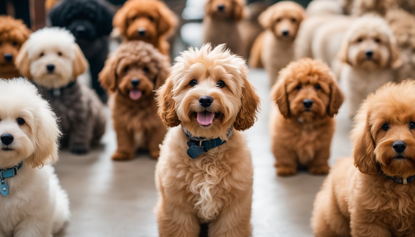 A fluffy mini Goldendoodle stands in a row of different coat types, including curly, wavy, and straight, with various colors such as cream, apricot, and red