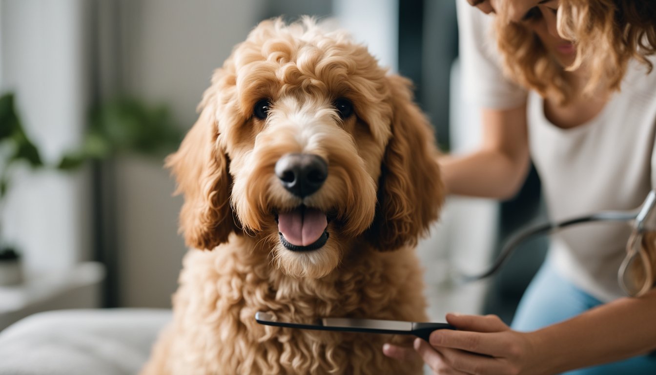 A Mini Goldendoodle with a curly, wavy coat being gently brushed and groomed by a caring owner in a bright, well-lit room