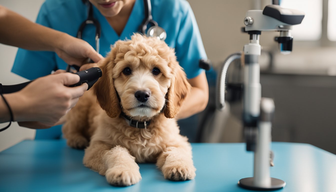 A Mini Goldendoodle with curly, wavy, and straight coat types being examined by a veterinarian for health considerations