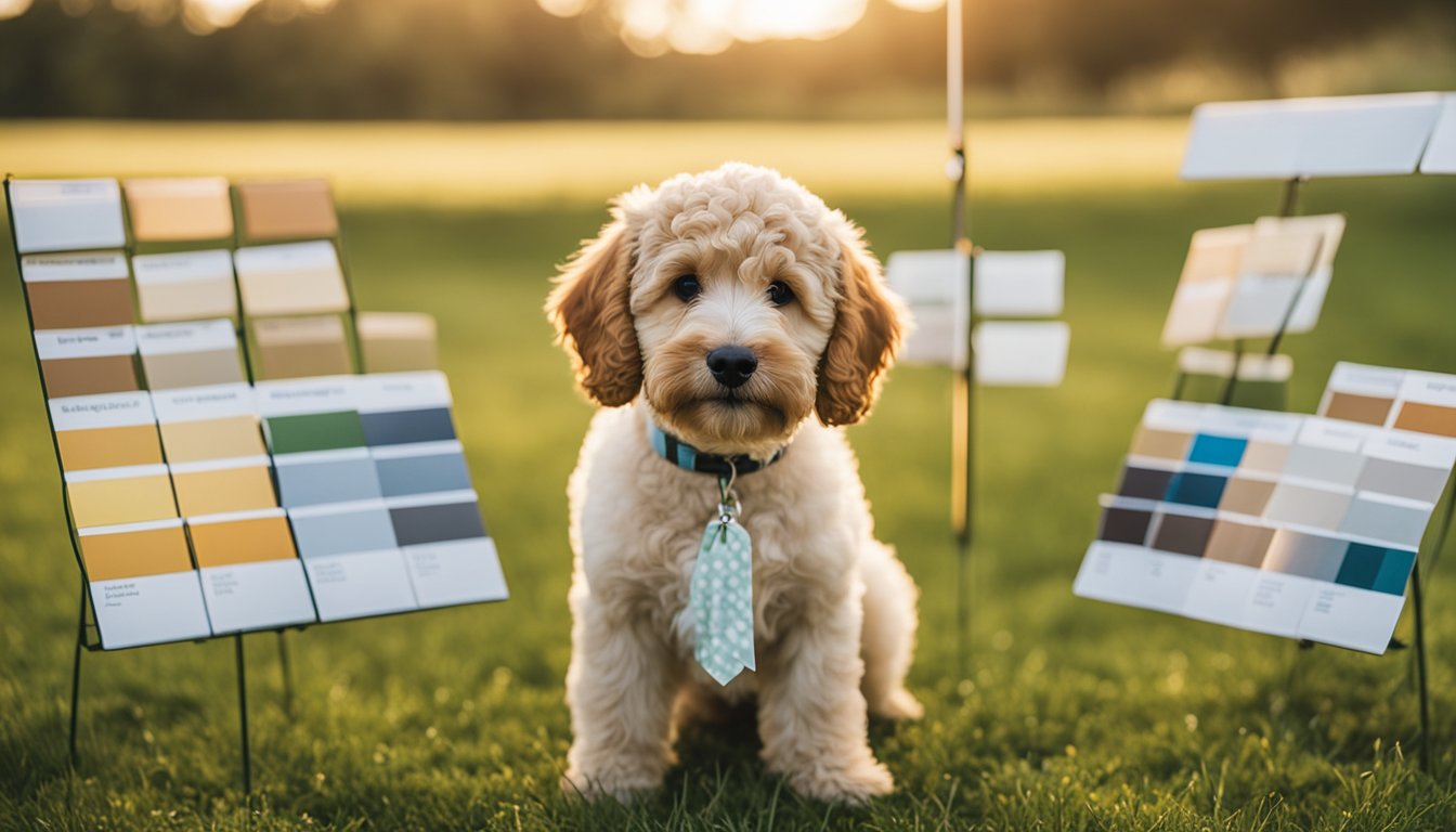 A Mini Goldendoodle with curly, wavy, and straight coat types standing on a grassy field with a variety of coat swatches displayed nearby