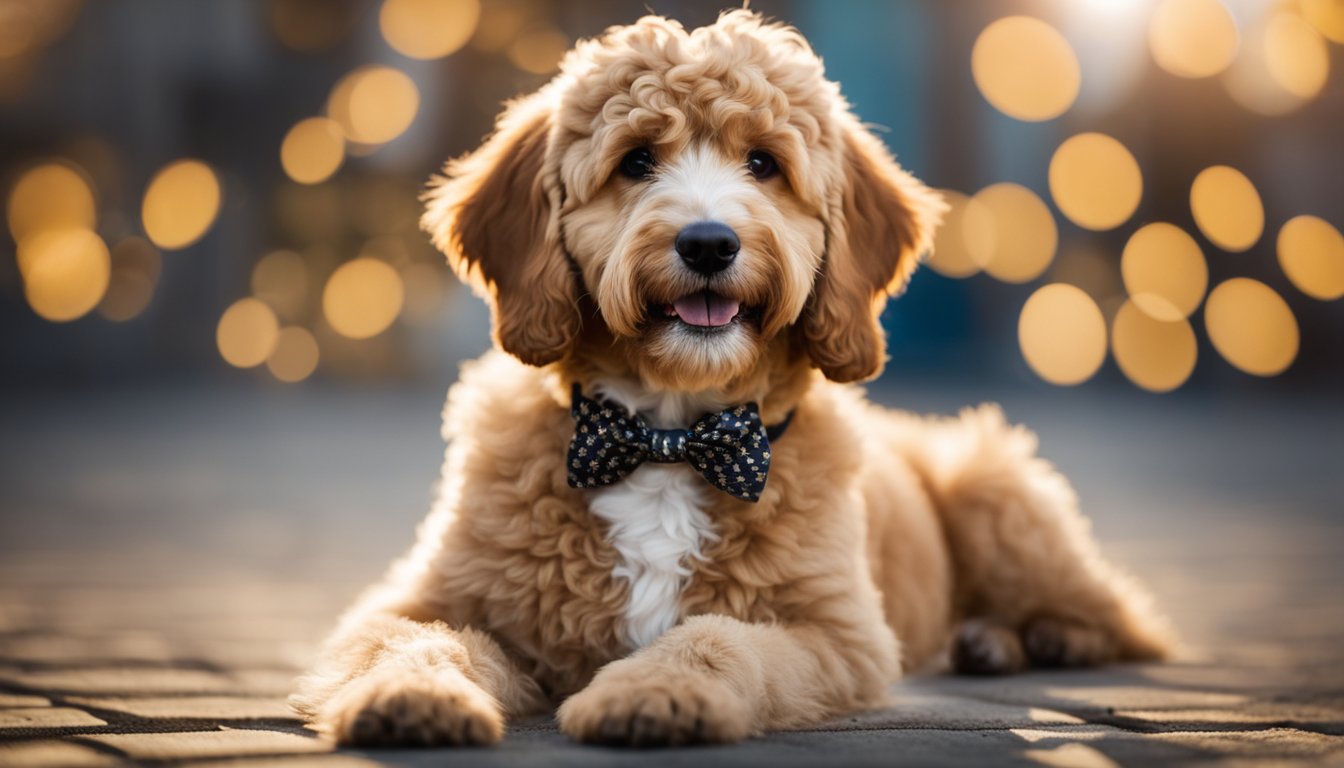 A Mini Goldendoodle with various coat types surrounded by question marks