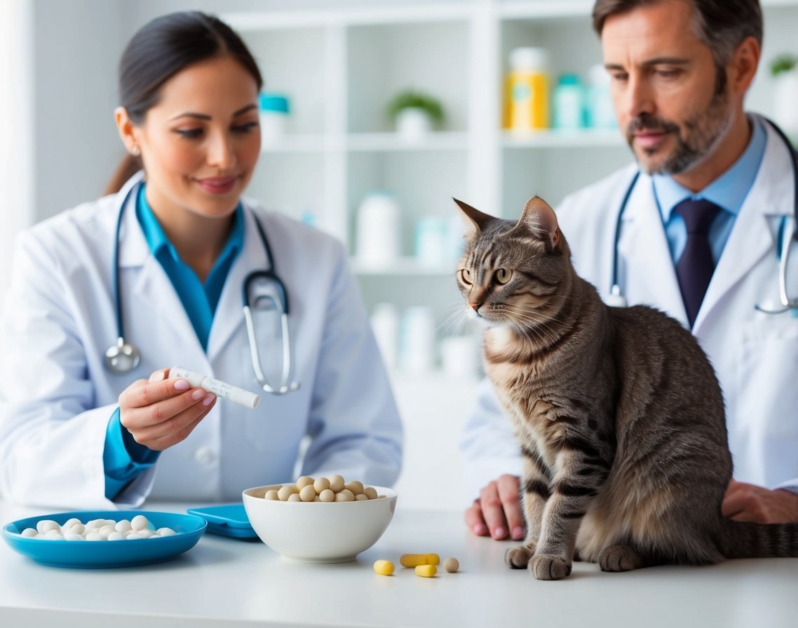 A cat sitting next to a bowl of nutritional supplements, with a veterinarian discussing osteoarthritis treatment options