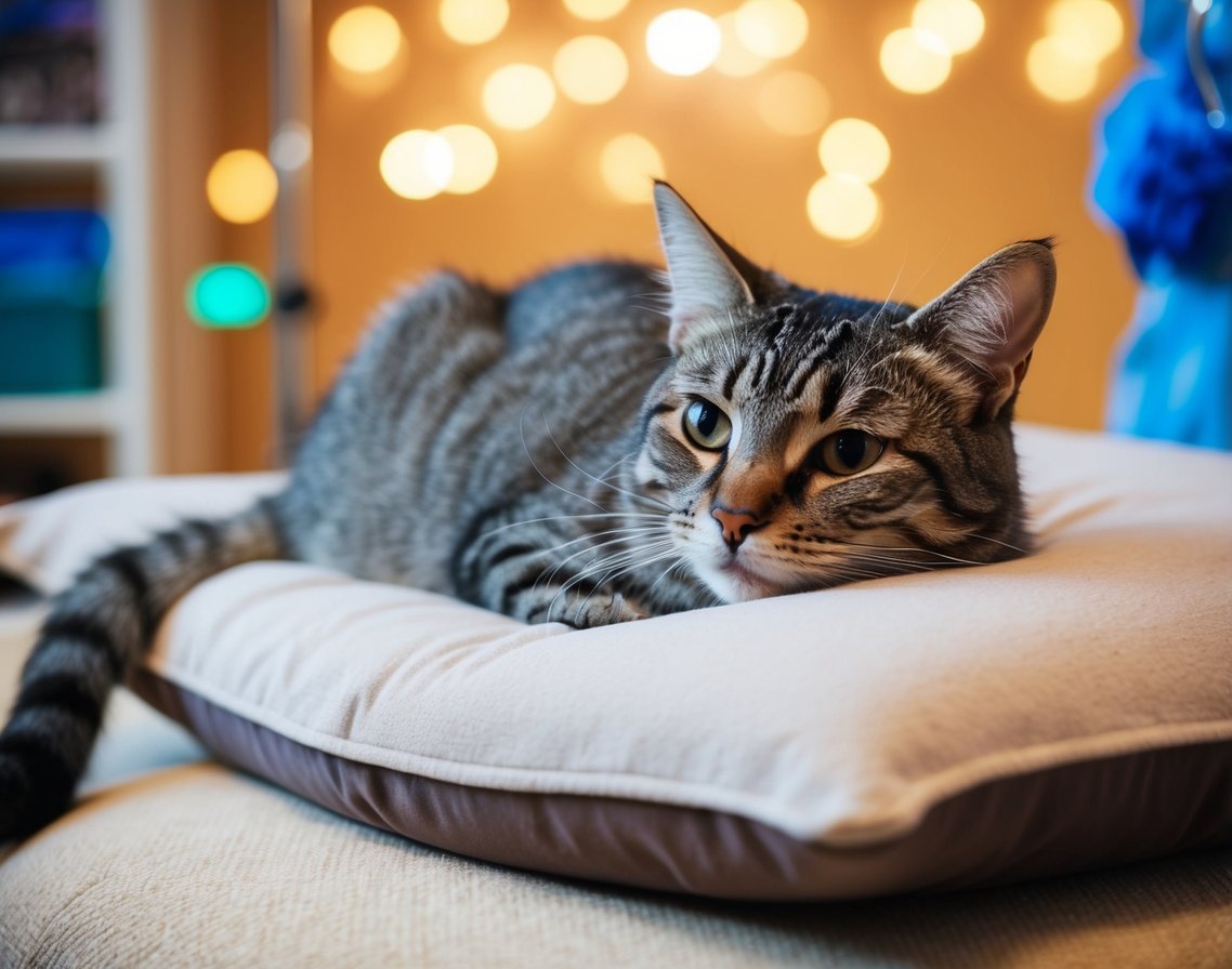 A cat resting on a soft cushion, with a gentle expression, surrounded by a warm and comforting environment, possibly with a veterinarian or caregiver nearby