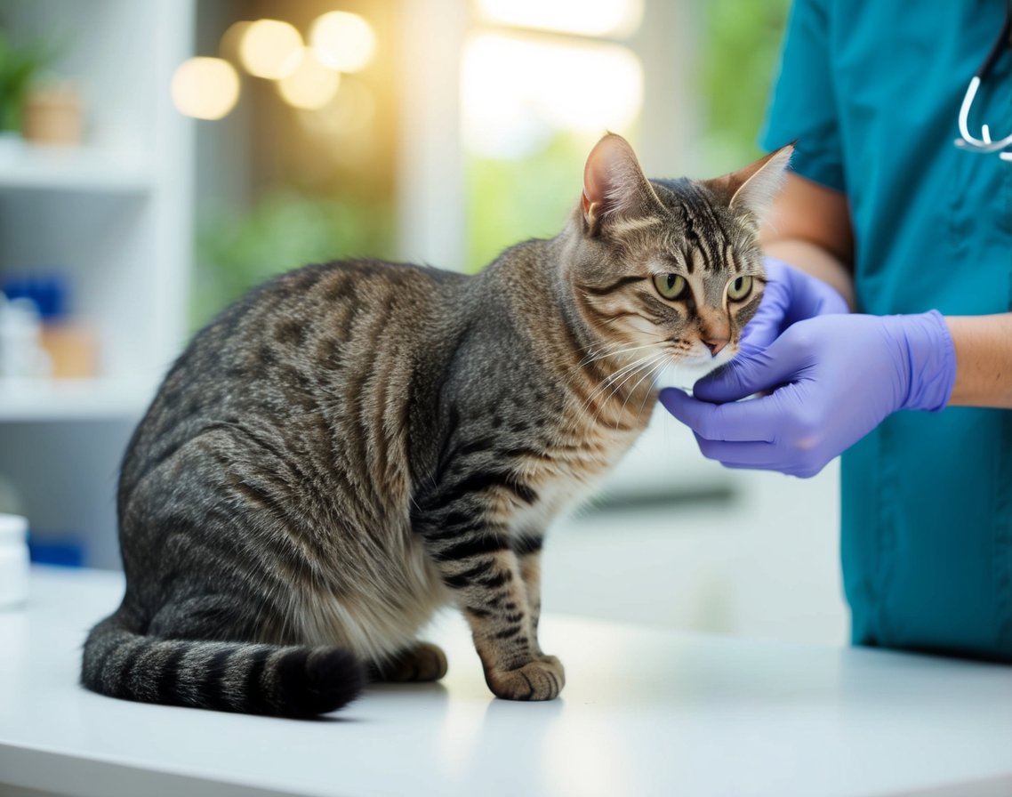 A cat with a limp, favoring one leg, while being examined by a veterinarian