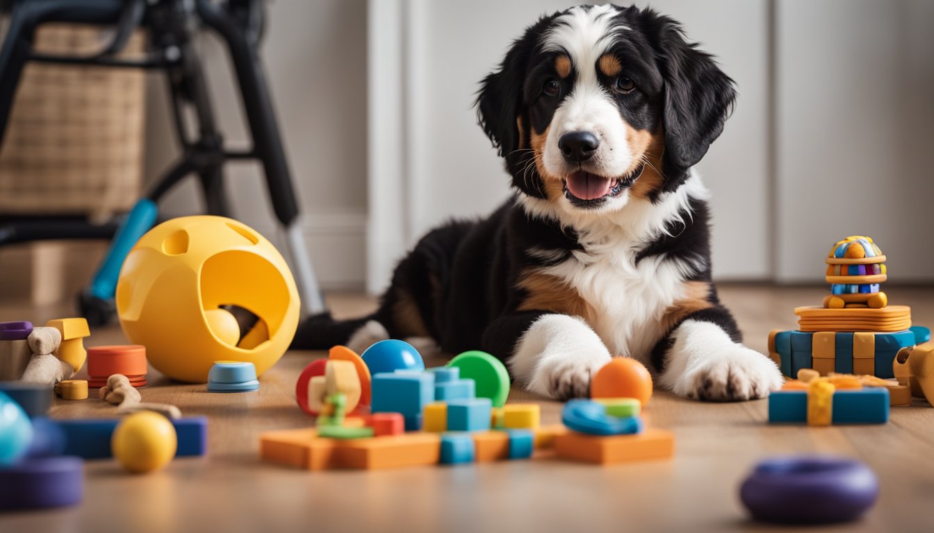 A Mini Bernedoodle sits attentively, surrounded by training tools and toys. A trainer gestures towards the dog, offering a treat for good behavior