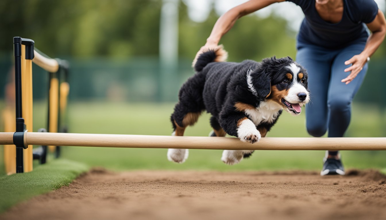 A mini Bernedoodle running through an obstacle course, with a trainer guiding and encouraging it along the way