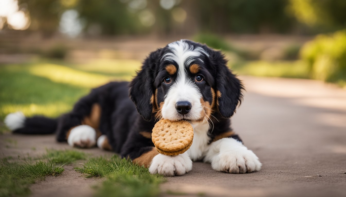 A Mini Bernedoodle sitting attentively, ears perked, receiving a treat as a reward for following a positive reinforcement training command