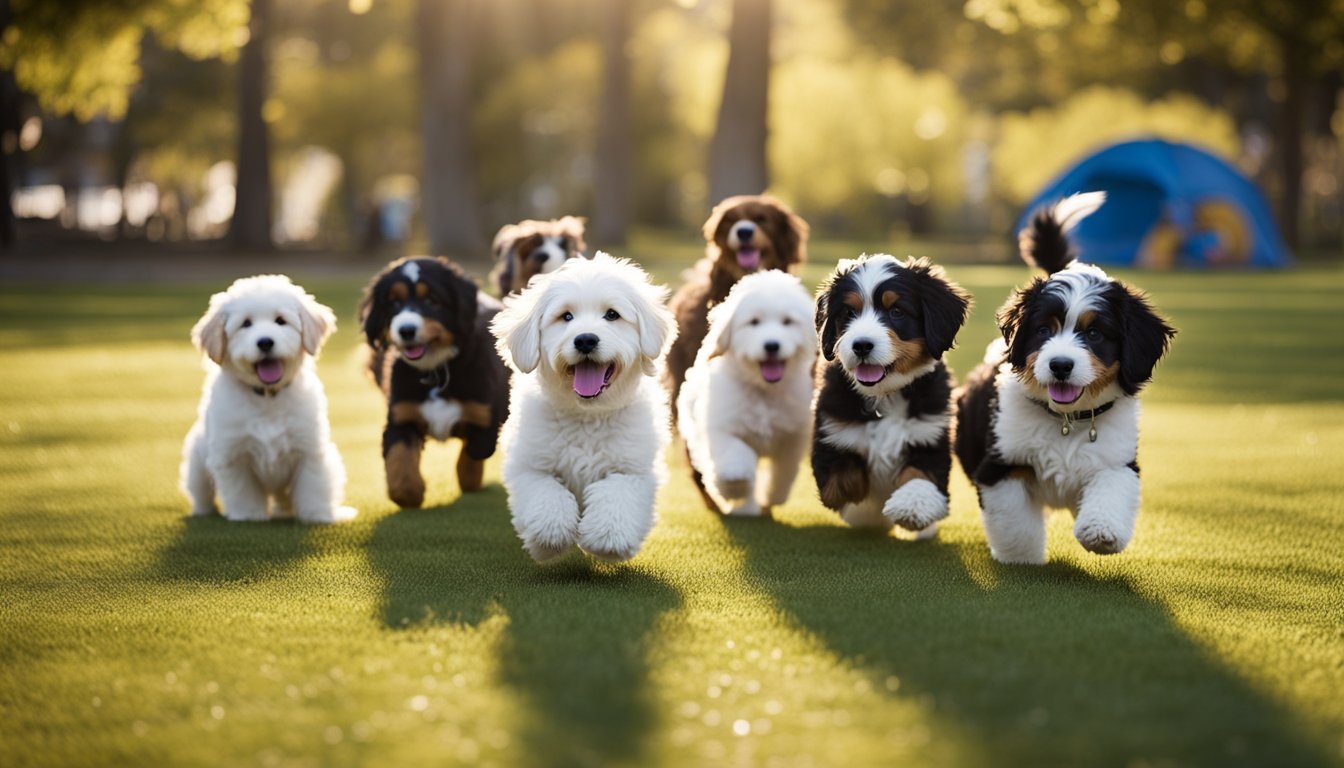 A group of Mini Bernedoodles interacting and playing in a park, surrounded by various objects and environments to provide exposure and socialization training