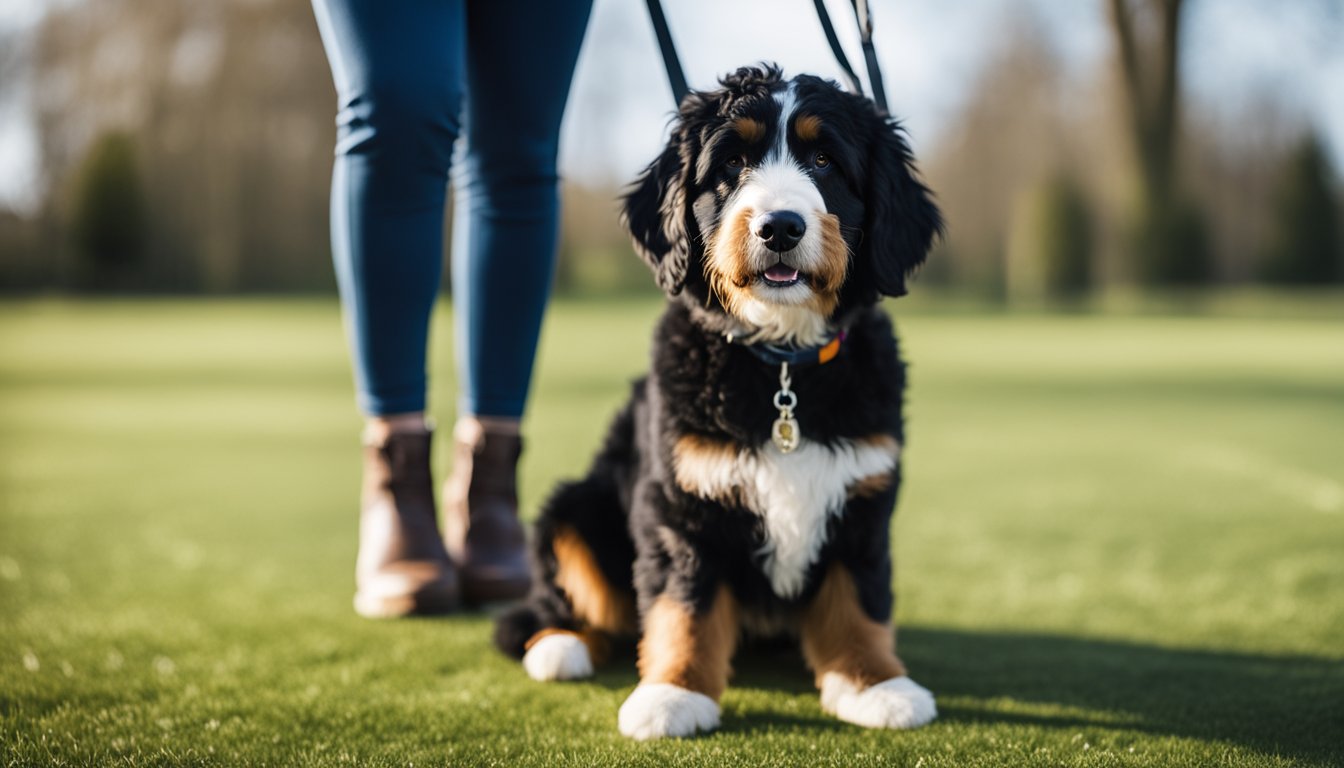 A Mini Bernedoodle sits attentively, ears perked, as a trainer demonstrates basic obedience commands in a spacious, well-lit training area