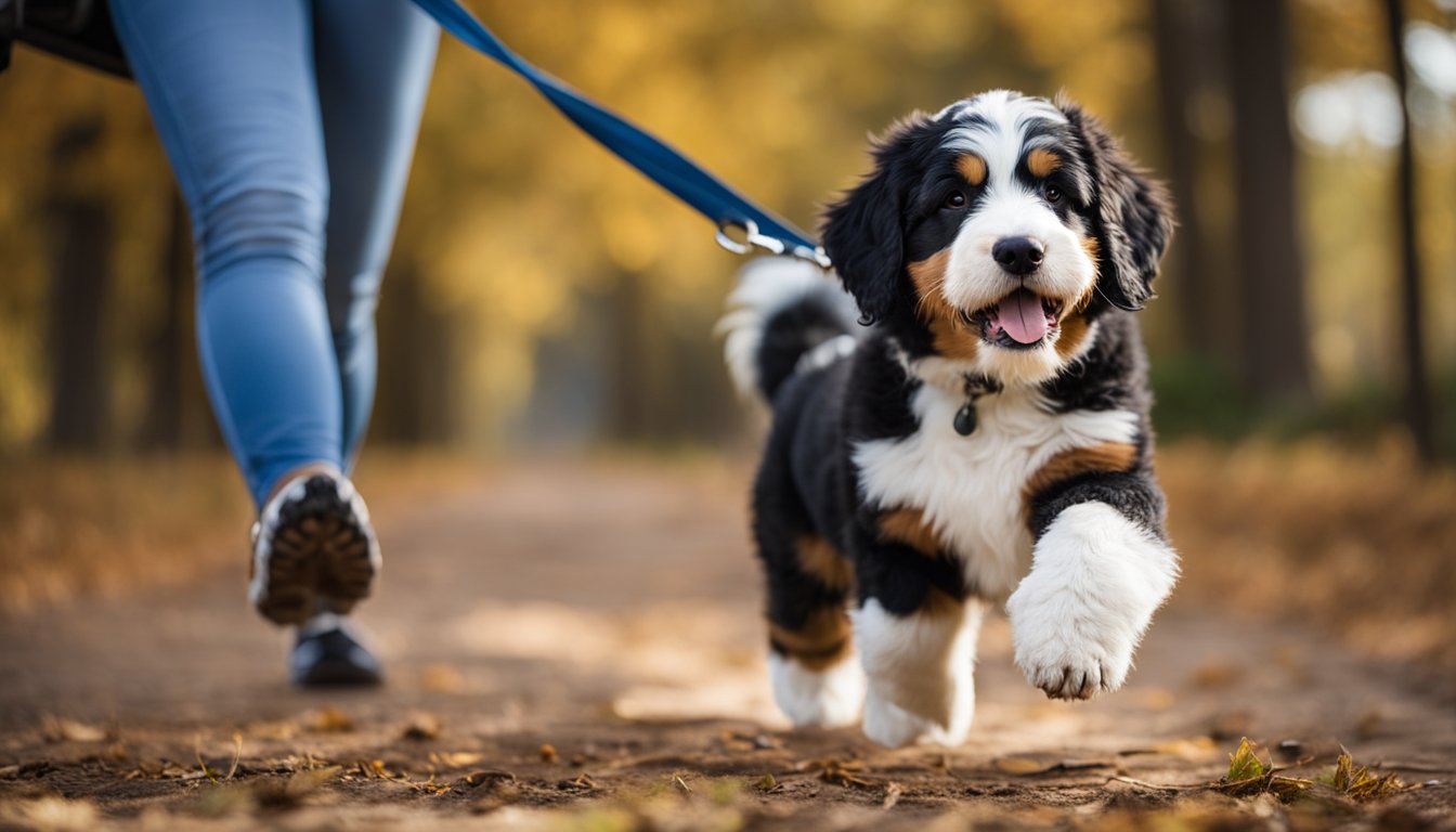 A mini Bernedoodle is shown following commands and exhibiting good behavior during training, with a trainer providing guidance and positive reinforcement