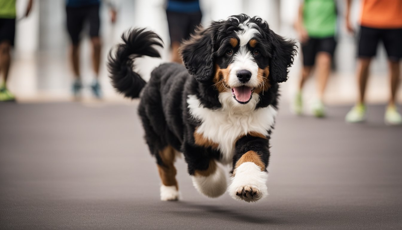 A Mini Bernedoodle follows a structured training routine, performing various advanced techniques in a spacious, well-lit training area