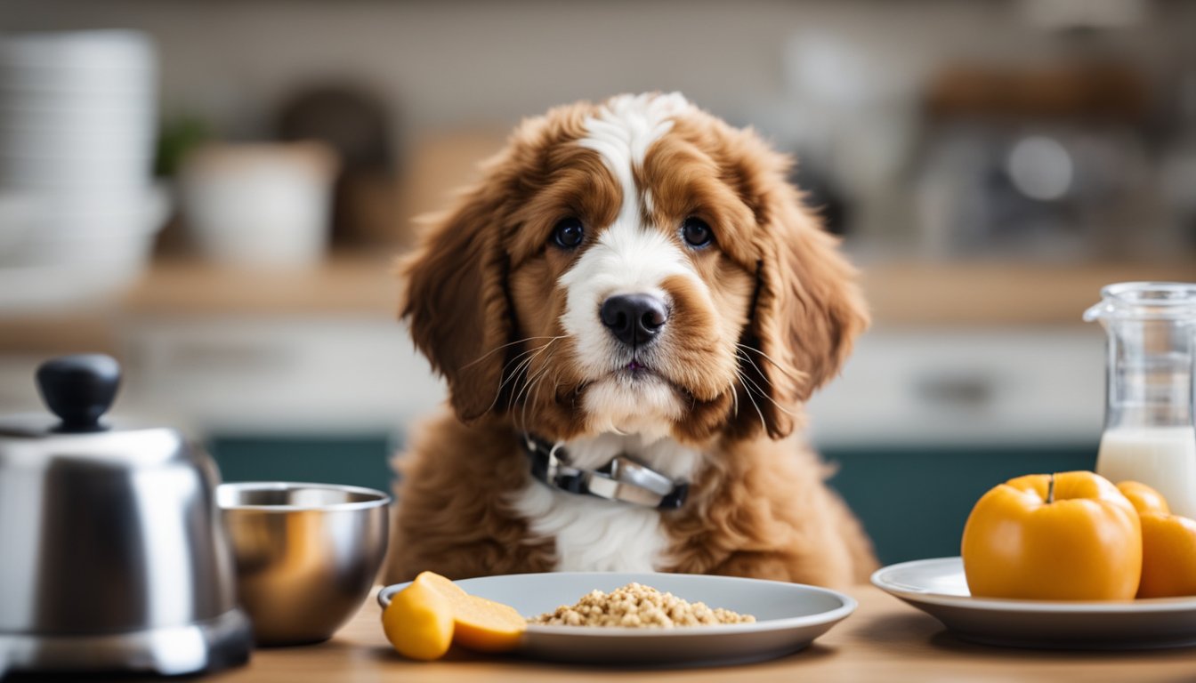 A mini Bernedoodle with a shiny coat sits beside a bowl of balanced, nutritious food, while a veterinarian provides training tips