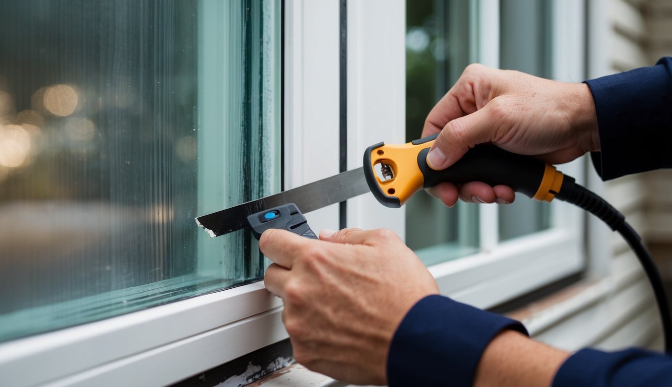 A person uses a razor blade to carefully scrape off the old tint from a house window, while another person uses a heat gun to soften the adhesive