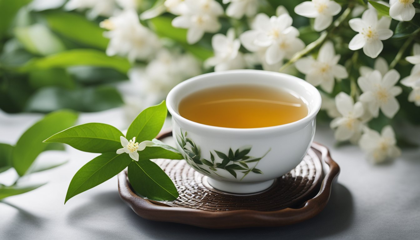 A gaiwan of jasmine tea sits on a stone tray with loose leaves and blossoms, bathed in soft natural light