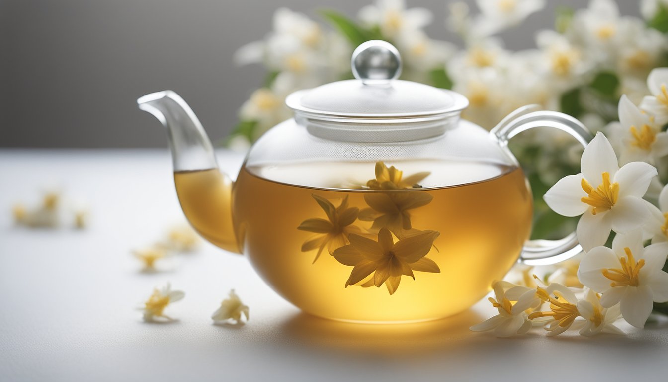 A frosted glass teapot filled with golden-amber jasmine tea, white jasmine flowers scattered around, delicate wisps of steam rising against a soft white background