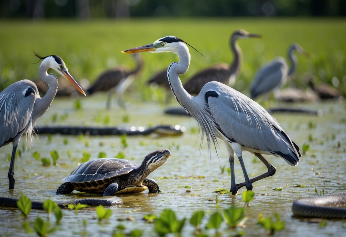 A diverse scene of wildlife in the Florida Everglades: herons, turtles, snakes, and other animals coexisting in their natural habitat