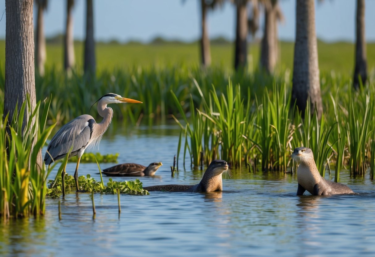 A lush wetland teeming with diverse wildlife: herons, turtles, and otters among the sawgrass and cypress trees of the Florida Everglades