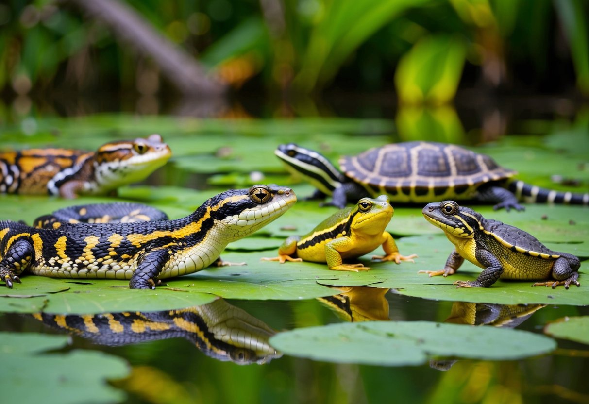 A vibrant scene of reptiles and amphibians in the Florida Everglades, featuring a variety of wildlife such as snakes, turtles, frogs, and lizards in their natural habitat