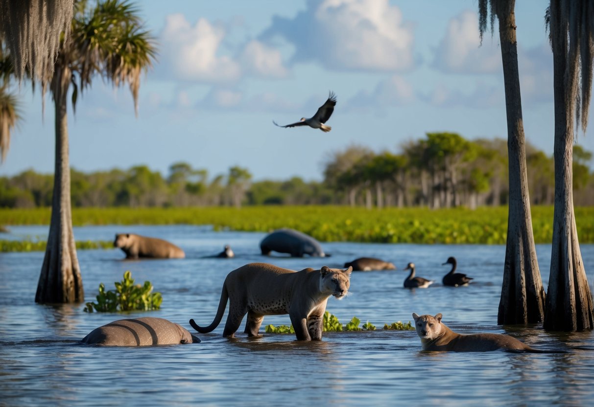 A diverse scene of wildlife in the Florida Everglades, including manatees, panthers, and various bird species, set against the backdrop of lush wetlands and cypress trees