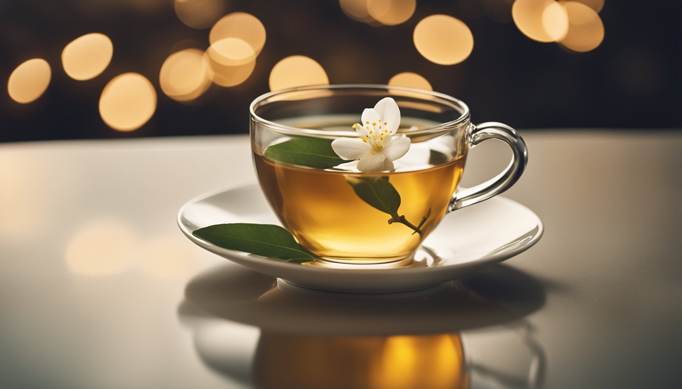 A jasmine flower floats on tea, reflecting in the amber liquid